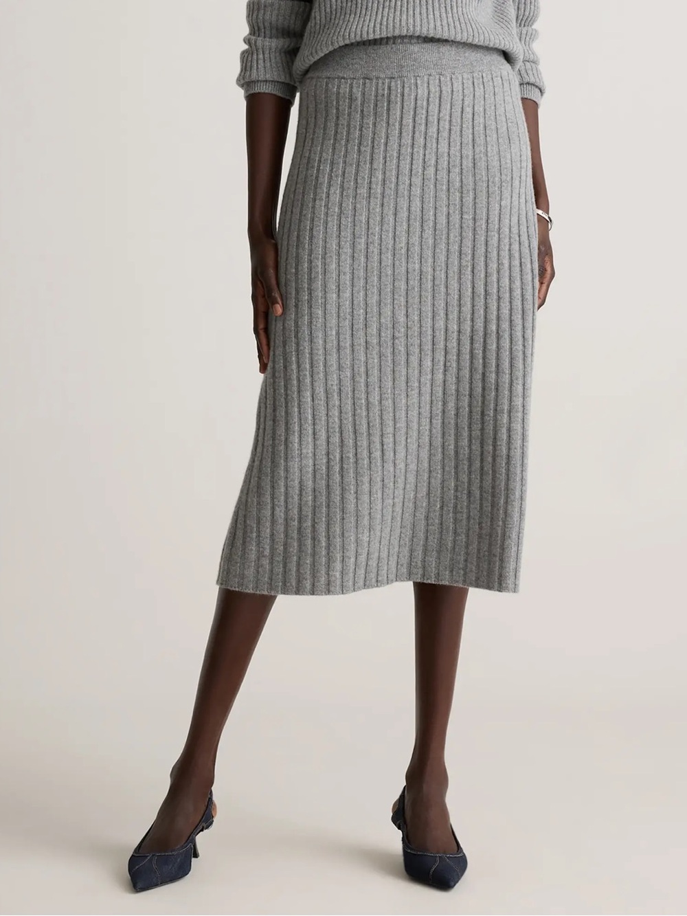 Quince Women's Ribbed Mongolian Cashmere Midi Skirt - Gray